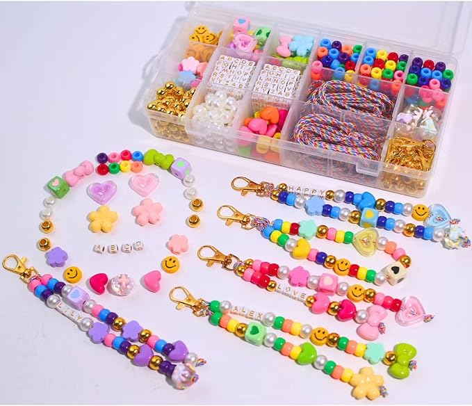 fcccfvvuua 680 PCS DIY Beaded Keychain Making Kit - Bow Heart Star Flower Letter Alphabet | Bead Bag Charm Kit | Great for Handmade Party, Gifts