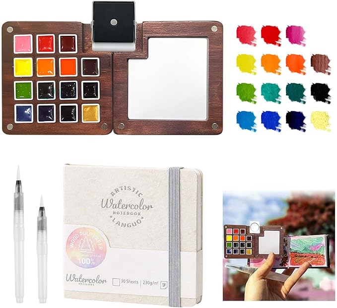 Mini Paint Palette Travel Kit - Mini Travel Watercolor Palette Set, Pocket Artist Water Color Travel Set with Colours, Binder Clips, Watercolor Pens, Wooden Paint Box for Painters Artists Students