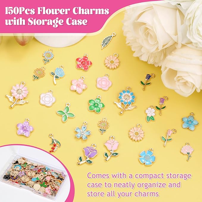 Mckanti 150Pcs 75 Pairs Spring Flower Charms for Jewelry Making and Bracelets, Wholesale Floral Assorted Enamel Mixed Bulk Metal Charms for DIY Necklace Bracelet Earring Jewelry Making and Crafting