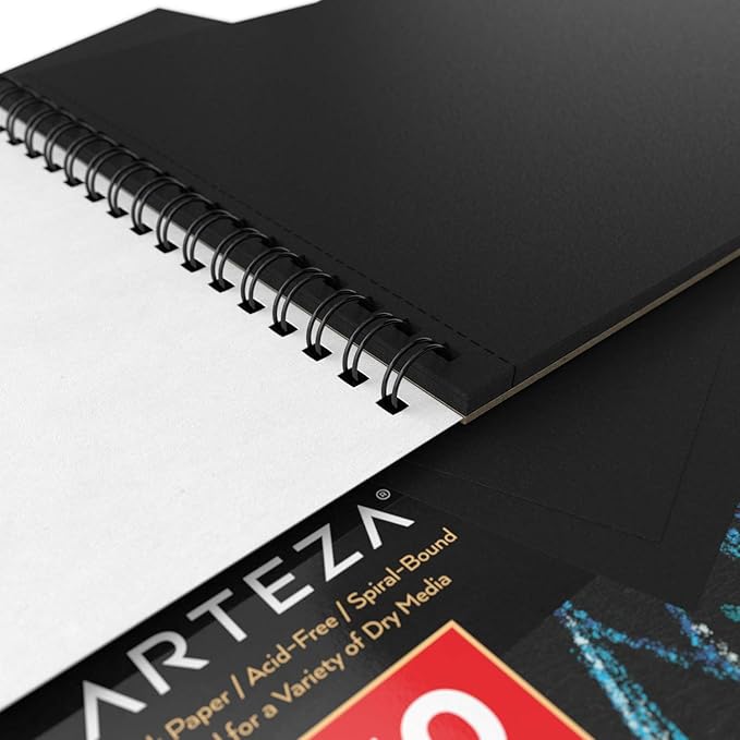 ARTEZA Spiral Sketch Book 9x12 Black Art Paper Drawing Pad 30 Sheets Sketch Pads for Drawing Adults & Teens