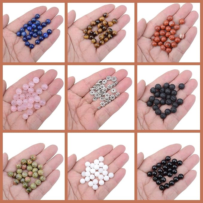 LPBeads Natural Stone Beads Set Kits 8mm Round Loose Gemstone Assorted Color with Accessories Tools for Bracelet Jewelry Making (100% Natural Stone Beads Kit 3)