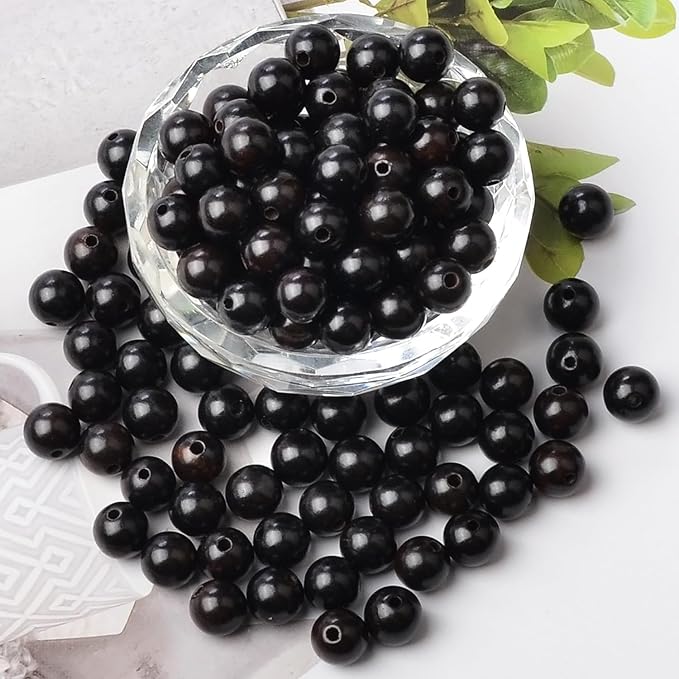 8mm Massive Beads Natural Wooden Round Loose Beads Jewelry Making with Thread 200 PCS(Black Ebony Wood, 8mm)