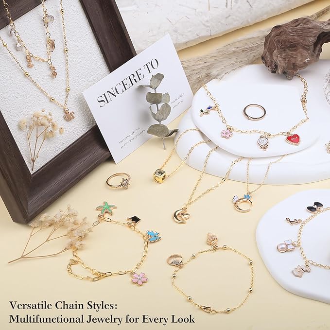 14k Gold Necklace Chains for Jewelry Making, Total 27 Feet 8 Rolls Bracelet Chains for DIY, 3.3 Feet Each Style, 14K Gold Plated Chain with Jump Rings/Lobster Clasps/Connectors