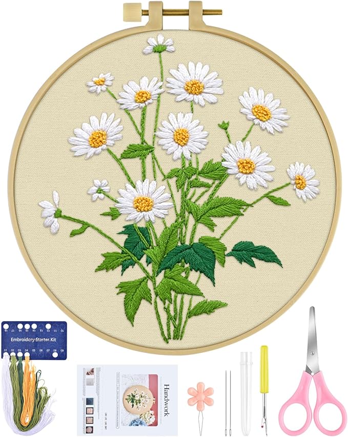 ERKOON Embroidery Kit for Beginners, Flower Cross Stitch Set Include Embroidery Cloth Hoops Threads for Craft Lover Hand Stitch with Embroidery Skill Techniques (Daisy)