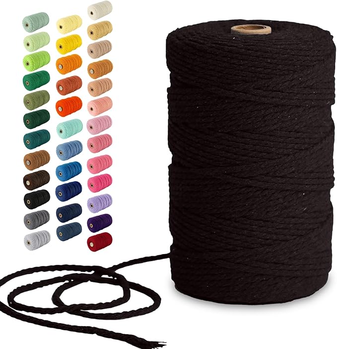 Nook Theory Macrame Cord - 3mm 220 Yards Cotton Rope, 4mm 5mm Yarn, String for Crafts, Perfect for Macrame Wall Hanging and Boho Decorations (Black)