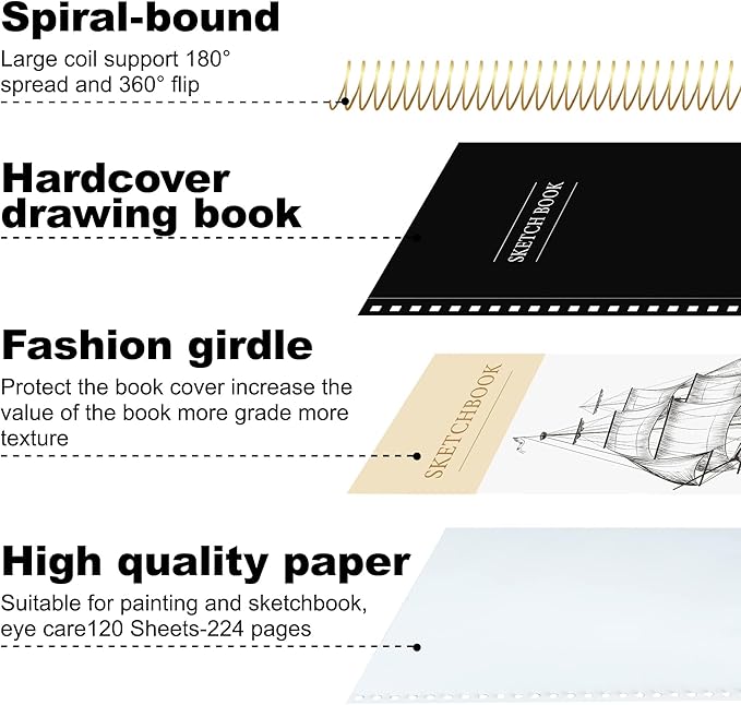 9 x 12 inches Hardcover Sketchbook for Drawing 120 Sheets Spiral Bound Sketch Pad Premium Art Sketchbook Artistic Drawing Painting Writing Paper(68lb/100gsm) for Kids Adults Beginners Artists, Black