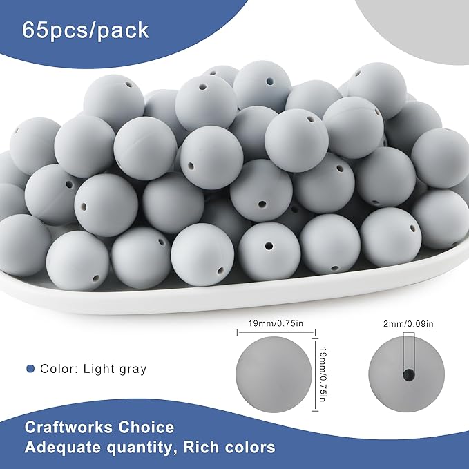 65Pcs 19mm Silicone Beads for Keychain Making Bracelet Necklace, Bulk Round Silicone Beads for Pens(Light Gray)