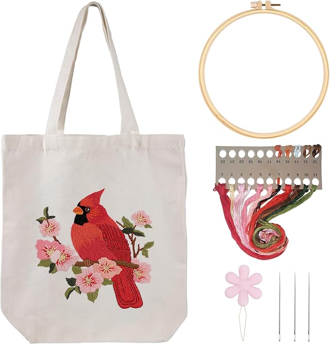louise maelys canvas tote bag embroidery kit for beginners,cross stitch kits for adults,diy needlepoint include cardinal pattern,women shopping reusable grocery bags