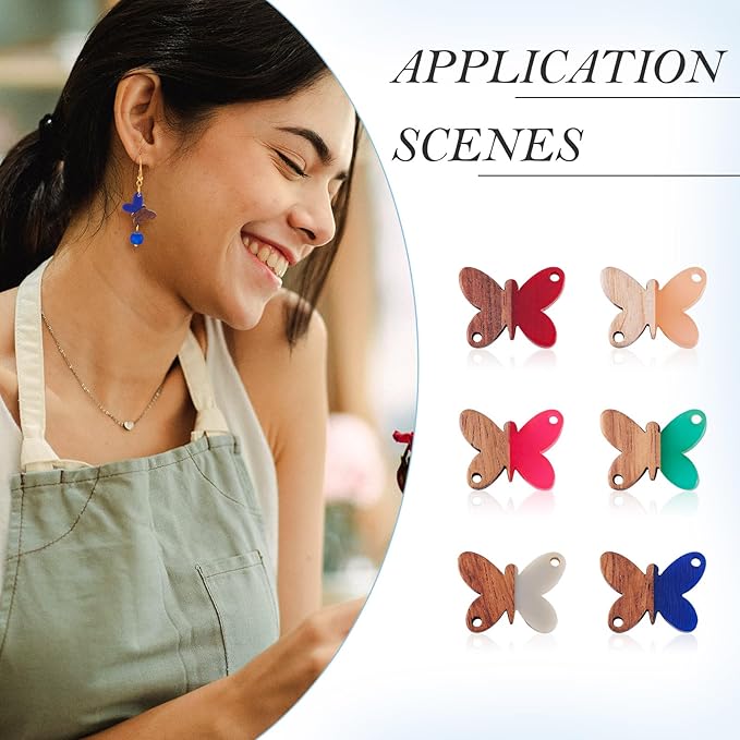 Beadthoven 12pcs/6 Pairs Butterfly Wood Resin Charms Connector Pendants, Mini Small Butterfly Wood Earrings Blanks Wooden Pendants for DIY Bracelet Jewelry Making Spring Boho Earrings Necklace Women