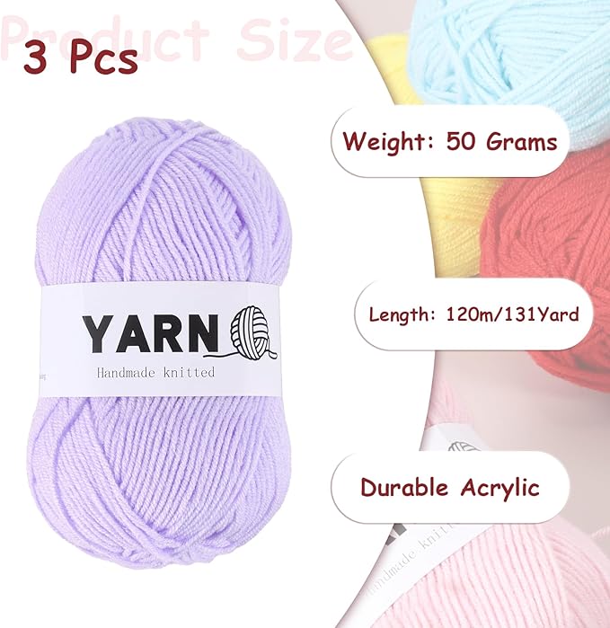 3Pcs Light Purple Acrylic Yarn 400 Yard 4 Ply Soft Crochet Yarns Sport Weight Yarn,[for DIY Crocheting Knitting Craft Blankets Hats]-150g