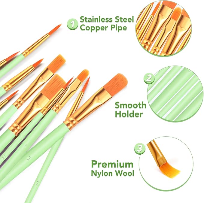 ESRICH Paint Brushes Set, 8 Packs 80 Pcs Acrylic Paint Brush Set, Acrylic Oil Watercolor, Face Nail Art, Miniature Detailing, Rock Painting, Painting Artist Professional Kits(Green) ﻿