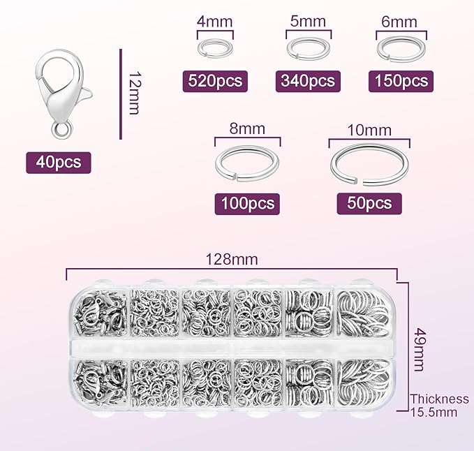1200pcs Jump Rings for Jewelry Making Supplies, Necklace Repair Assorted Kit, 12mm Lobster Clasp 5 Size Jump Ring for Jewelry Clasps and Closures (Silver)