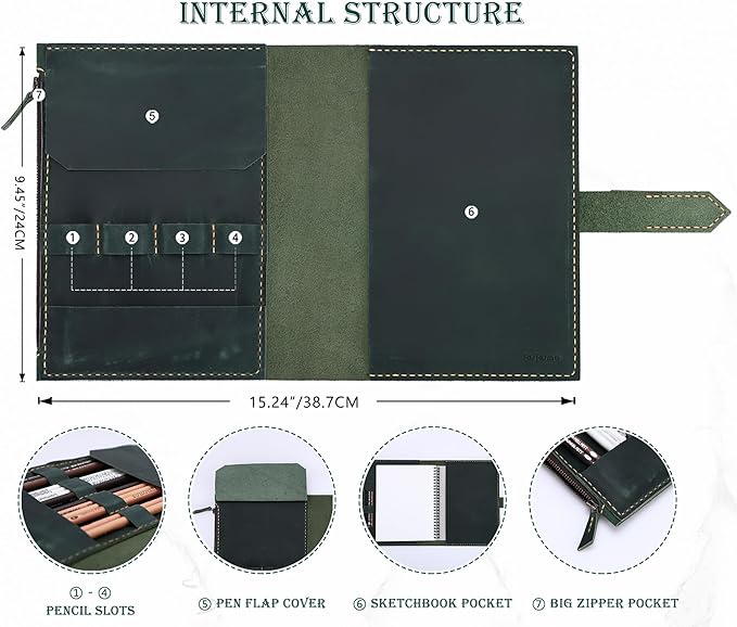 Leather Sketchbook Cover for A5/5.5"x8.5" sketch pads - Handmade Genuine Leather Artist Case with Pencil Holder & Zipper Pocket, Professional Drawing Supplies(Green, 5.5"x8.5")