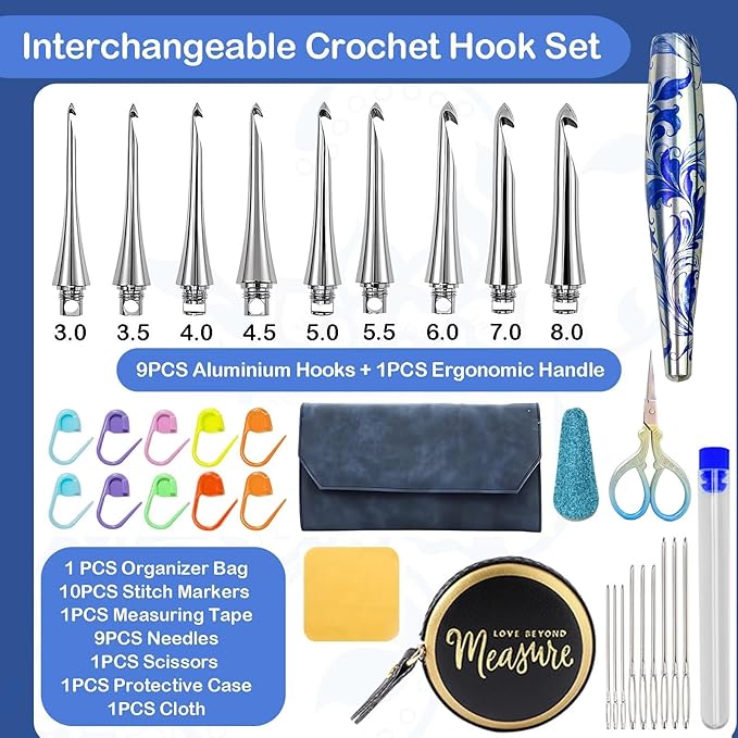 34 in 1 Interchangeable Crochet Hook Set - 3mm-8mm Ergonomic Crochet Hooks Set- Handle Crochet Hook Set for Beginners and Advanced Crafters