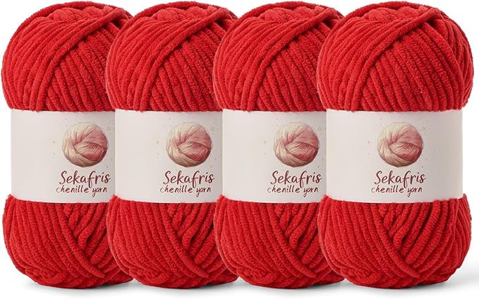 4 Pack Chunky Chenille Yarn for Crocheting, Baby Yarn for Crocheting Soft Blanket, 349.9 yds /14.1 oz Crochet Yarn, Bulky 5 Amigurumi Yarns, Fluffy Velvet Yarns for Knitting Crafts (4 Red)