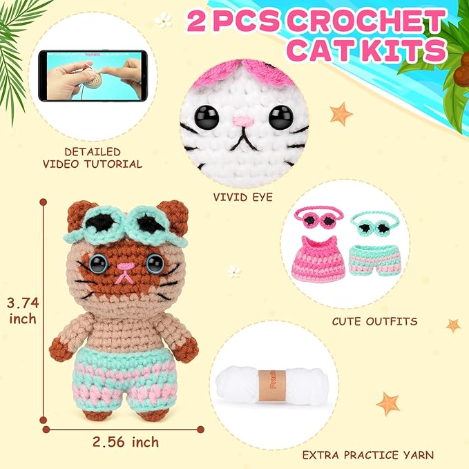 Fortuning's JDS Crochet Kit for Beginners, Couple Cat Crochet Kit for Beginners Adults Kids, Crochet Cat Kit with Step-by-Step Video Tutorials, Creative Handmade Crochet Gifts for Cat Lovers