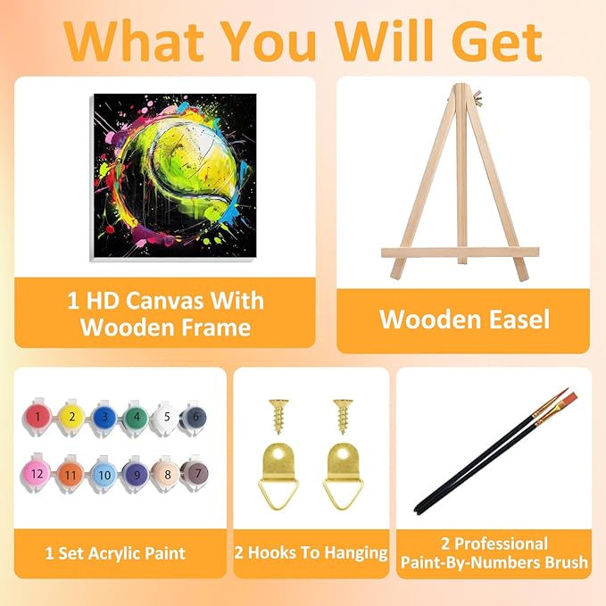 Paint by Numbers Kit for Kids with Frame, Tennis Paint by Numbers for Kids Ages 4-8-12, DIY Tennis Acrylic Oil Painting for Home Wall Art Decor Gift 7.8x7.8 inch (with Frame Easel)