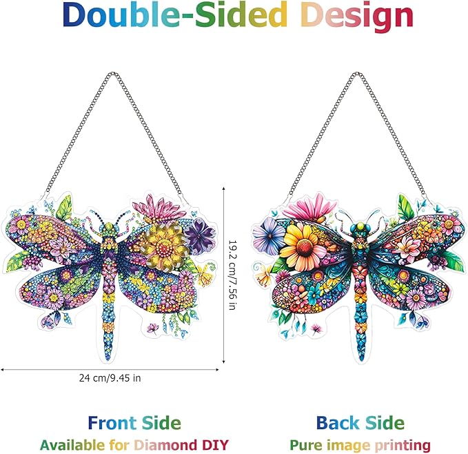 Koikify Diamond Painting Hanging Ornament, Floral Dragonfly Diamond Art Pendant with Double-Sided Pattern DIY Crystal Rhinestone Craft for Home Decoration and Gifts