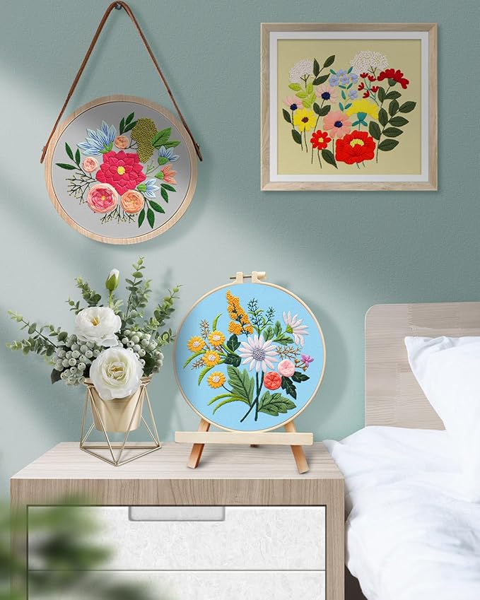 TINDTOP 5 Sets Embroidery Kit for Adults, Floral Embroidery Practice Kit for Beginners Include Embroidery Cloth Hoops Threads for Craft Lover Hand Stitch