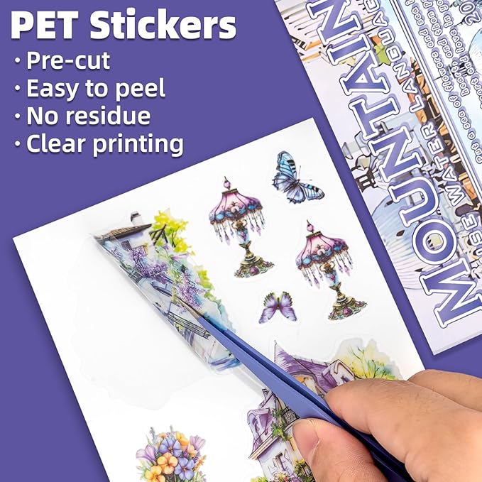 Water Mountain House Sticker Scrapbooking Supplies for Junk Journal, 20 Sheets PET Stickers - Vintage Journaling Stickers, Ephemera Sticker Book Pre Cut(TZ-009-004)