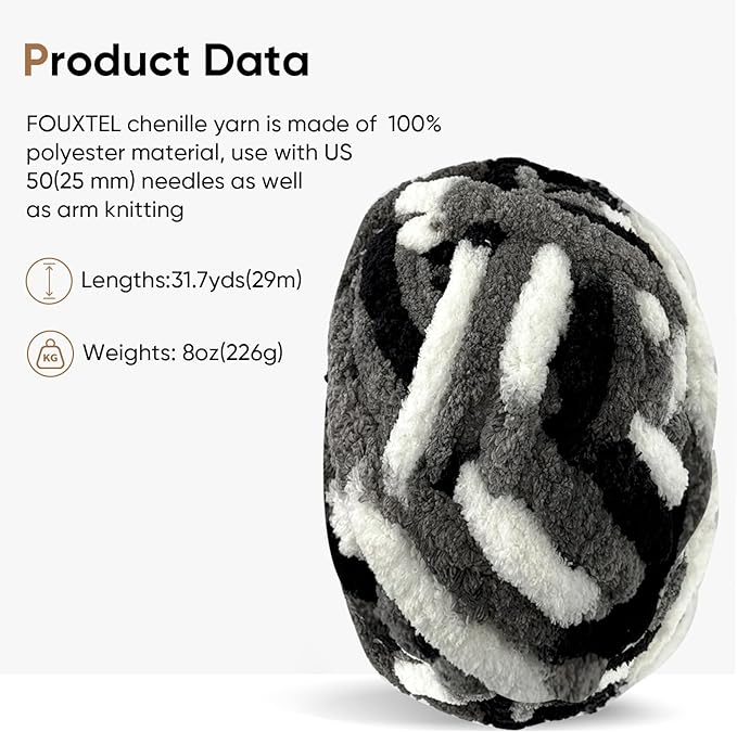 8 Jumbo Packs Chunky Chenille Yarn for Crocheting, 31.7 yds, 8 oz Each Skein Bulky Thick Fluffy Yarn for Knitting, Super Bulky Chunky Yarn for Hand Knitting Blanket, Soft Plush - Panda