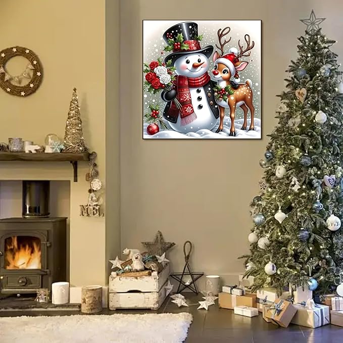 Christmas Snowman Deer Diamond Art Kits for Adult, Xmas 5D Diamond Painting Kits for Beginners, DIY Full Drill Winter Holiday Rhinestone Diamond Dots Gem Painting Art Craft Home Decor 14 x14 Inch