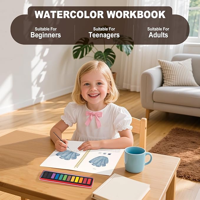 Metyond Beginner Watercolor Workbook Kit - Watercolor Painting Kit with 1 Workbook 12 Colors Paint Set with Brush, Beginner Friendly Watercolor Paint Set Gift for Adults Teens (Seaside)
