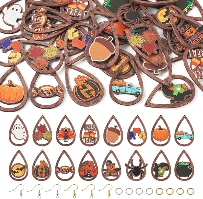 32pcs Halloween Teardrop Wooden Earring Charms Big Hollow Wood Cutouts with Pumpkin & Ghost & Witch Printed for Necklace Keychain DIY Jewelry Craft Making