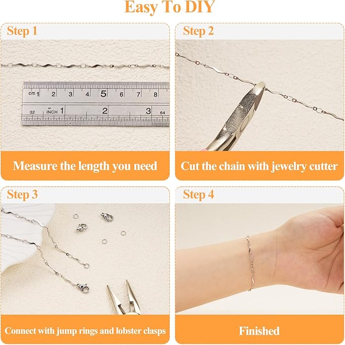 5 Meters Stainless Steel Jewelry Chain for Jewelry Making Stick Link Chains with Jump Rings and Lobster Clasps