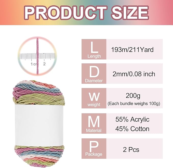MECCANIXITY Cotton Acrylic Yarn for Crocheting, 422 Yard 5 Ply Soft Gradient Yarn Acrylic 45% Cotton 55% Used for DIY Knitting Blankets Scarves(2 Packx100g,Beige,Orange,Green,Blue,Rose Red)
