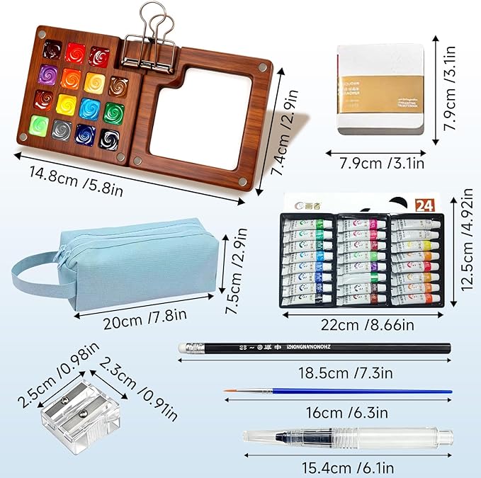 Mini Watercolor Travel Set for Beginners 24 Color Portable Watercolor Paint Set with Walnut Wood Palette Water Brush & Sketchbook Compact Travel Art Supplies for Artists beginner & Painters