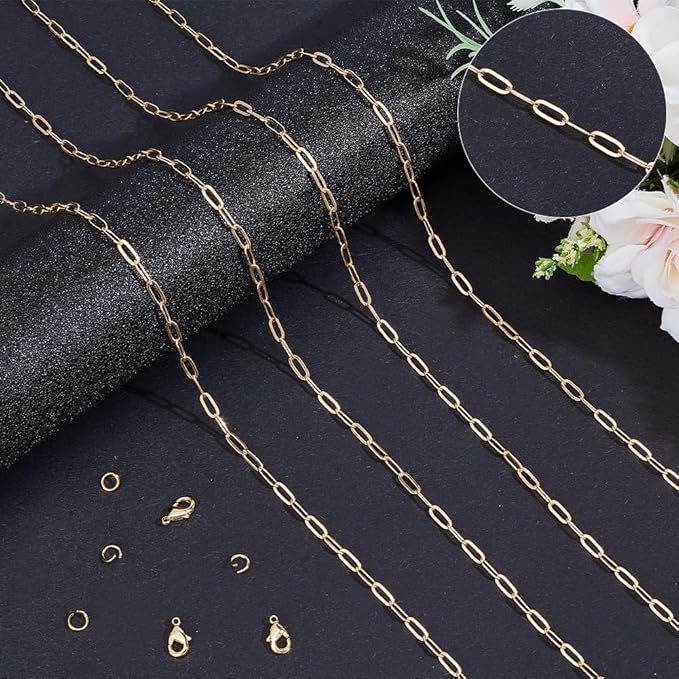 Beebeecraft 1 Roll 16.4 Feet/5m Paperclip Chain for Jewelry Making 18K Gold Plated Brass Cable Chain with 10Pcs Lobster Clasp 50Pcs Open Jump Ring for Necklace Bracelet Making Kits DIY Crafts