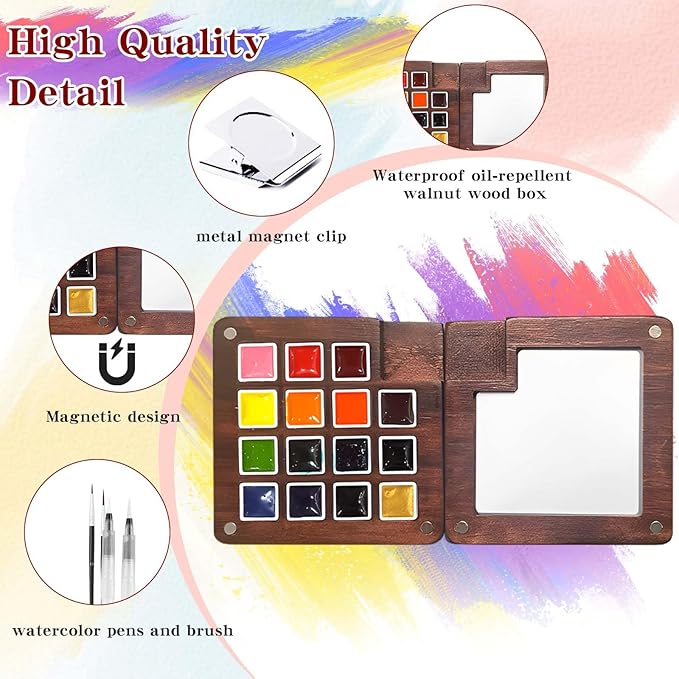 Mini Watercolor Paint Set - 15 Color Travel Watercolor Palette Set - Portable Water Color Paint Set with Binder Clips, Watercolor Brush Pens, Wooden Box for Beginners Painters Artists Student