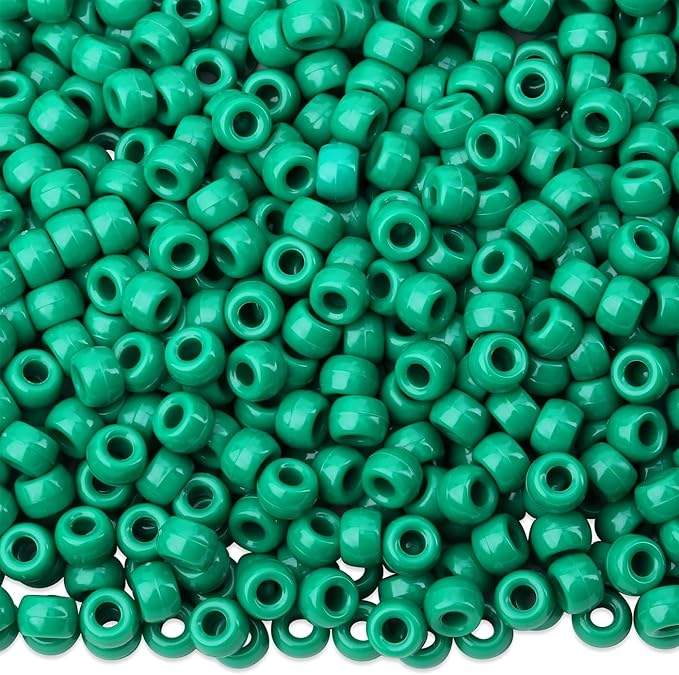 1000Pcs Green Pony Beads Necklace Crafts 6x9mm Bulk Plastic Bead for Bracelets, Hair Braids Hair Pony Kandi Beads for Jewelry Making Keychain (Green)
