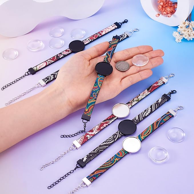 FASHEWELRY 6Pcs PU Leather Cord Bracelet Bezel Bohemian Blank Photo Tray Bracelet Band Settings 26.5mm Adjustable Round Tray With Glass Cabochons for Jewelry Making