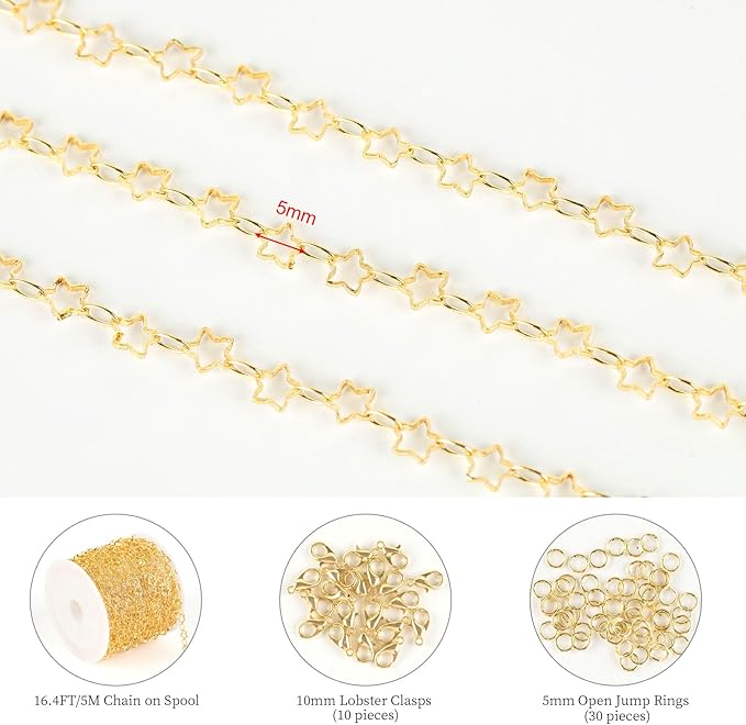 KYUNHOO 5 Meters Necklace Chains for Jewelry Making Hollow Star Link Chain on Spool 18K Gold Plated Jewelry Chain Roll with Lobster Clasps Jump Rings Handmade Craft Making Supplies
