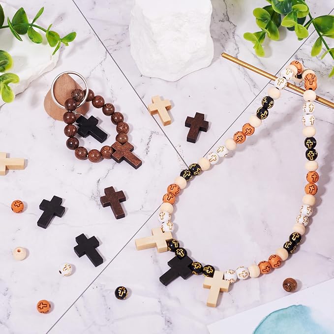 Beadthoven 211pcs/Box Rosary Making Kit, Wood Cross Beads 8mm Acrylic Cross Round Beads Spacers Easter Crucifix Cross Charms for Bracelet Jewelry Making Kit DIY Crafts