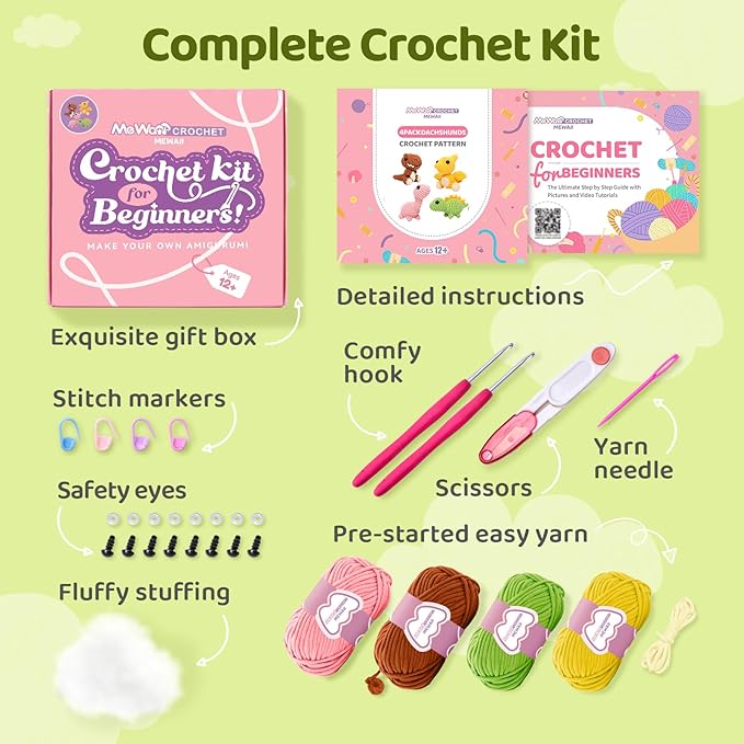 Mewaii Crochet Kit for Beginners, Crochet Animal Kit with Step-by-Step Video Tutorials, Crochet Starter Kit for Kids Adults DIY Crochet（5 Dinosaur Set）