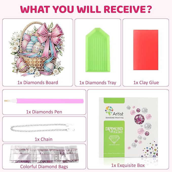 MEIYUDA Easter Egg Diamond Art Hanging Kits for Adult, Easter Eggs Basket Diamond Painting Hanging Kits Ornaments, DIY Special Shaped Rhinestone Window Pendants kit for Home Garden Wall Decor Gift