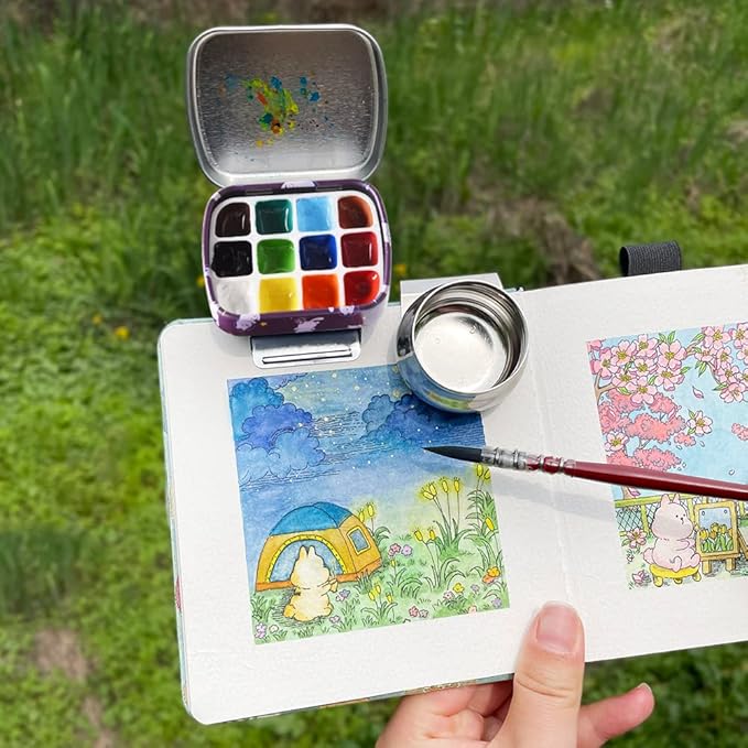 Portable Mini Tin Box 12-Well Empty Watercolor Palette Paint Mixing Tray is a Small Storage Travel Kit with Magnetic Clip and Oil Pot,Making it Perfect for Outdoor Sketching and DIY Painting.Cats