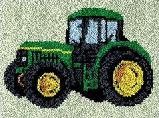 Green Tractor Latch Hook Kits Rug Crochet Yarn Pre-Printed Cushion Embroidery Needlework Carpet Cover Hook and Latch Kit Tapestry Christmas Home Decoration 52x38cm