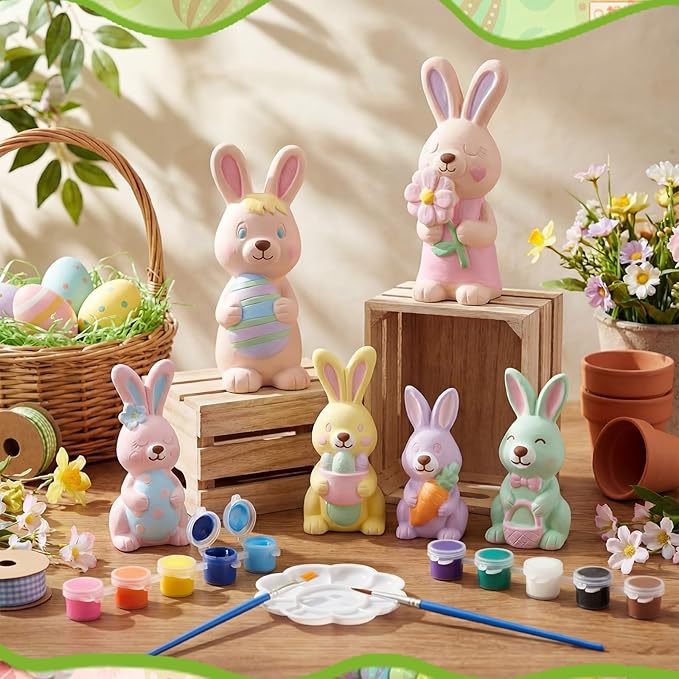 Zubebe 6 Pcs Easter Ceramics to Paint Bunny Kits Ready to Paint Your Own Easter Bunny Figurines 5.1 Inch 3D Unpainted Blank Ceramics with Brush and Palette Rabbit Statues for Craft (Simple Style)