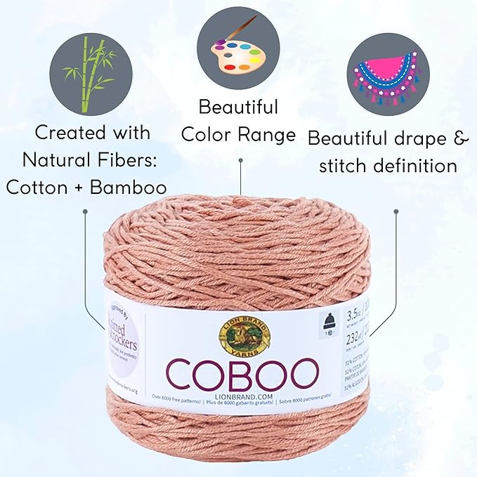 Lion Brand Coboo Peach 835-184 (3-Skeins - Same Dye Lot) DK Light Worsted #3 Cotton, Bamboo Yarn for Crocheting and Knitting with Project Bag