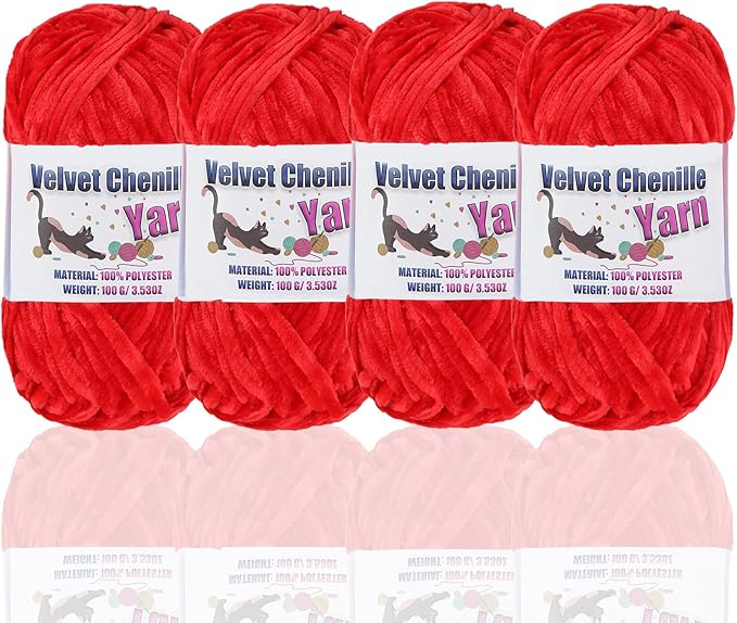 4 * 100g Fluffy Velvet Chenille Yarn for Crocheting and Knitting, Handcrafts Weaving Soft Chenille Yarn for Crocheting Clearance, Used for Making Baby Yarn Blanket, Clothes, DIY Craft (Red)