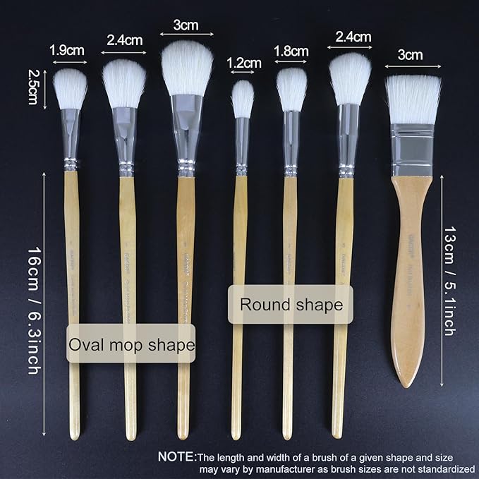Gilding Brush Set, 7 Pieces Versatile Goat Hair Blending Mop Brushes for Acrylic Painting Wartercolor Foil Gold Leaf Flakes Sheets