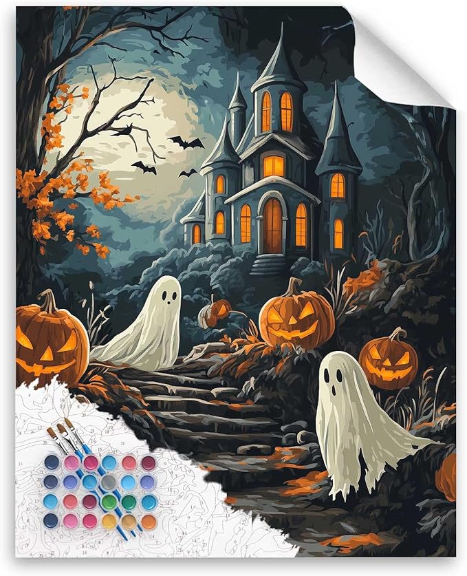 Cawpom Halloween Painting Kit for Adults, Ghost Paint by Number, Paint by Numbers Castle, Ghosts Pumpkin Acrylic Oil Painting for Beginner Gift, Horror Home Decor(16x20inch, No Frame)