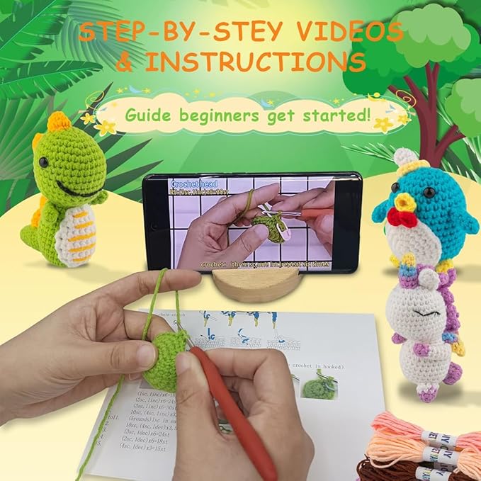 KIECIK 6Pcs Crochet Kit for Beginners, Knitting Kit for Adults, Crochet Animal Kits with Step by Step Videos Tutorials, Knitting Kit Great Birthday Holiday Gift, DIY Keychain Pendants (Set-01)