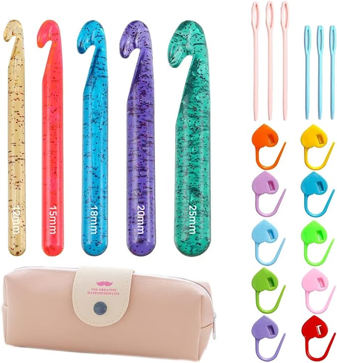 Tovyzalg Colorful Transparent Large Crochet Hooks, Crochet Hook Set with Case, Crochet Needles for Arthritic Hands, Ergonomic Knitting Giant Crochet Hooks for Knitting Yarn Carpet Scarf Wool Roving