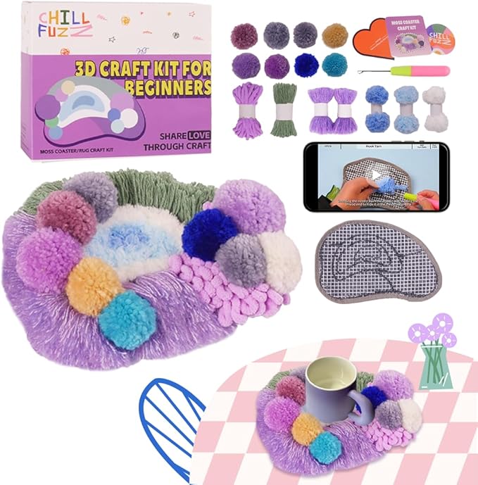ChillFuzz Latch Hook Kits for Adults - Kids Crochet Kit for Beginners Arts and Craft Kit Moss Rug Coaster Purple Aurora
