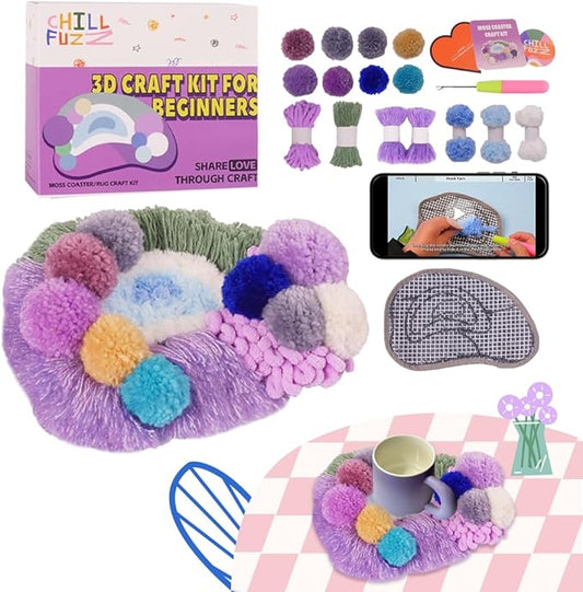 ChillFuzz Latch Hook Kits for Adults - Kids Crochet Kit for Beginners Arts and Craft Kit Moss Rug Coaster Purple Aurora